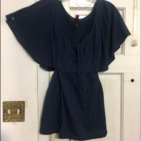 Pure Energy Tops - Pretty lace inset navy blue flutter sleeve tunic.